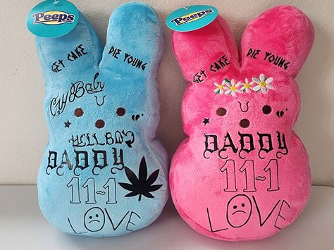 "12\" Lil Peep tatted squeaky plush bunny  OR light-up 11\" plush (has battery operated button, so the bunny will light up and glow different colors).  For the 12\" plushies, choose from: pink, blue, orange, purple, yellow, green, pink (v.2) with checkered/rainbow sides, or blue (v.2) with checkered/rainbow sides. (See all photos for visuals of the different colors and their designs! Version 2 pink and blue are shown in the second photo.) The 11\" Light-Up plushies come in either pink or purple with several HTV tattoo/designs. You will receive quantity of 1 plush of your choosing* Made to order, designed by yours truly. Bestselling to date! Handmade with permanent heat transfer vinyl and love🖤 if you want to customize or change up the designs at all, just let me know* Great for any Lil Pe