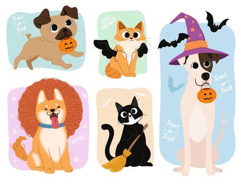 Dogs Halloween, Halloween Pets, Dog Halloween Drawing, Dog Halloween Painting, Cat In Halloween Costume Drawing, Halloween Dog Illustration, Devil Halloween, Pet Dress, Halloween Inspo