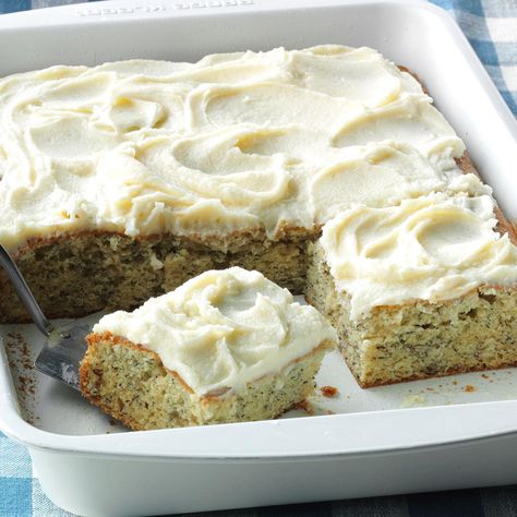 Grandma Riley's Banana Cake Recipe | Taste of Home Banana Sour Cream Cake, Sour Cream Icing, Cream Icing, Banana Bars, Banana Cake Recipe, Cream Cheese Frosting Recipe, Classic Desserts, Piece Of Cake, Cake With Cream Cheese