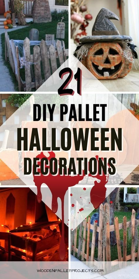 Looking for diy pallet Halloween Ideas? Then check this article to get some inspiration. Awesome pallet and reclaimed wood Halloween projects including halloween graveyard fence and tombs, scary halloween signs, halloween porch decorations with pumpkins, halloween coffins and spooky zombie pits. Click to find amazing diy halloween outdoor and yard wood decorations made from pallets. Diy Halloween Decor With Pallets, Pallet Projects For Halloween, Diy Halloween Decorations Outdoor Pallet Projects, Halloween Decorations From Pallets, Halloween Pallets Ideas, Pallet Diy Halloween, Fall Halloween Decorations Diy, Scary Halloween Porch Decorations, Skid Diy Projects