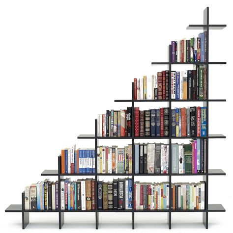 Bookshelf Design Minimalist, Staircase Bookshelf, Staircase Shelves, Black Bookshelf, Cool Bookshelves, Ladder Bookshelf, Office Storage Furniture, Modern Bookshelf, Library Shelves