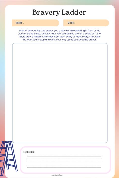 Kids Art Therapy Worksheet for Self Esteem - Bravery Ladder || Therapy Resource for Improving Self-esteem in Children. One page of a 7 page printable workbook for kids. Self Esteem Art Therapy, Self Esteem Quiz, Emotional Literacy, Self Esteem Activities, Art Therapy Activities, Therapy Counseling, Play Therapy, Therapy Worksheets, Social Worker