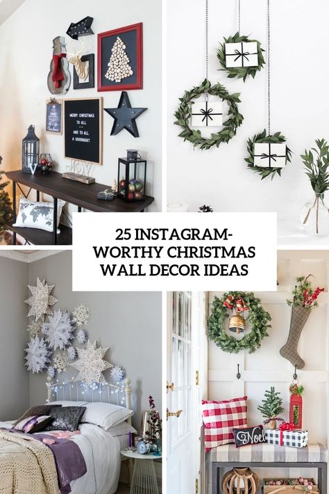 25 Instagram-Worthy Christmas Wall Decor Ideas Christmas Wall Gallery Ideas, Christmas Wreath Wall Decor Living Room, Christmas Wreath Wall Collage, Wall Hanging Christmas Decorations, Christmas Office Wall Decor, How To Decorate A Bare Wall For Christmas, Seasonal Gallery Wall, Christmas Feature Wall, Large Wall Christmas Decorations