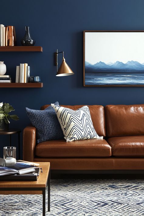 13 Stunning Brown And Blue Living Room Ideas - DreamyHomeStyle Blue And Brown Couch Living Room, Tan Sofa Blue Walls, Navy Mustard Rust Living Room, Mink And Blue Living Room, Camel Sofa With Blue Chairs, Brown Sofa Blue Pillows, Blue Tan And Cream Living Room, Grey Blue And Wood Living Room, Blue Rust Cream Color Scheme