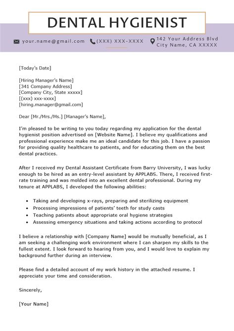 Dental Hygienist Cover Letter Example | Resume Genius Dental Hygienist Resume, Cover Letter Example Templates, Shiny Teeth, Registered Dental Hygienist, Good Resume Examples, Career Coaching, Creative Bookmarks, Cover Letter Example, Cover Letters