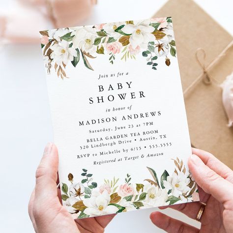 Time for Tea Baby Shower Invitation Magnolia Baby Shower Ideas, Magnolia Baby Shower, Baby Shower Baby In Bloom, Moss Fairy, Sage Background, Blush Pink Baby Shower, Blush Pink Flowers, Magnolia Baby, Baby Shower Tea