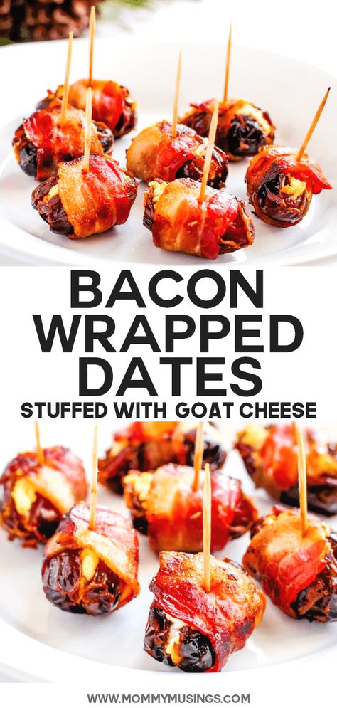 Bacon Wrapped Dates with Goat Cheese #appetizers #baconwrapped #baconrecipes #partyfood #easyappetizer #appetizersappetizerrecipes #goatcheese Dates With Goat Cheese, Bacon Wrapped Appetizers, Wrapped Dates, Goat Cheese Appetizer, Bacon Wrapped Dates, Bacon Appetizers, Goat Cheese Recipes, Appetizers Easy Finger Food, Finger Foods Easy