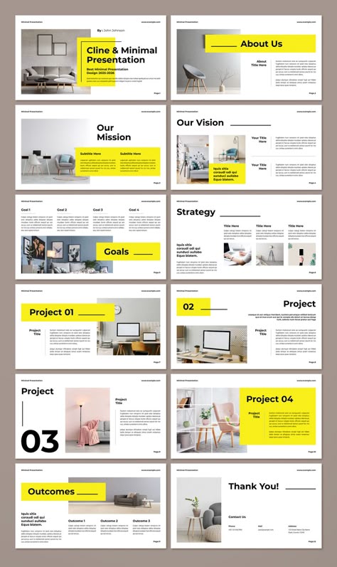 Minimal presentation layout with icons. A clean and modern design with a focus on the content. Perfect for showcasing your work or Business Slide Presentation, Minimal Presentation Design Layout, Clean Powerpoint Design, Corporate Slide Design, Yellow Presentation Design, Minimal Presentation Layout, Elegant Presentation Design, Cool Presentation Design, Simple Powerpoint Design