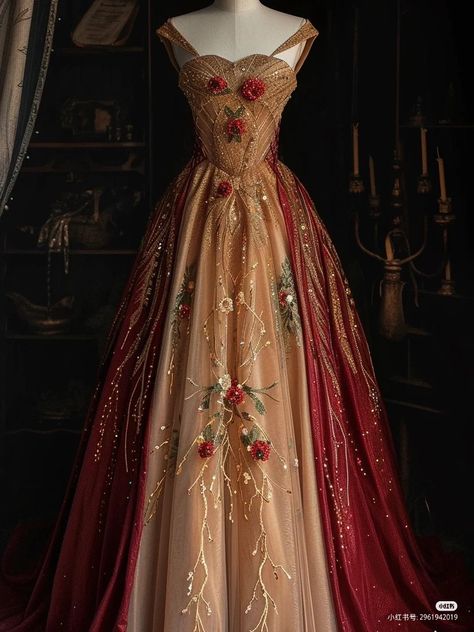 Red Gown Princess, Princess Style Gown, Red Midevil Dresses, Mother Gothel Inspired Dress, Yule Ball Dress Ideas Gryffindor, Gold And Red Wedding Dress, Princess Ball Gowns Red, Beauty And The Beast Inspired Dress, Gryffindor Gown