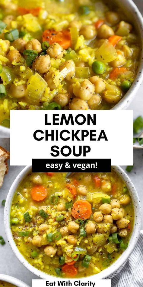 This lemon chickpea and rice soup is easy to make, high in protein and perfect for a simple plant based vegan dinner. This one pot veggie soup is packed with lemon flavors, herbs and is freezer friendly. Lemon Quinoa Soup, Lemon Chickpea Soup, Chickpea And Rice, Lemon Chickpea, Veggie Soups, Lemon Rice Soup, Massaged Kale Salad, Borscht Soup, Healthy College