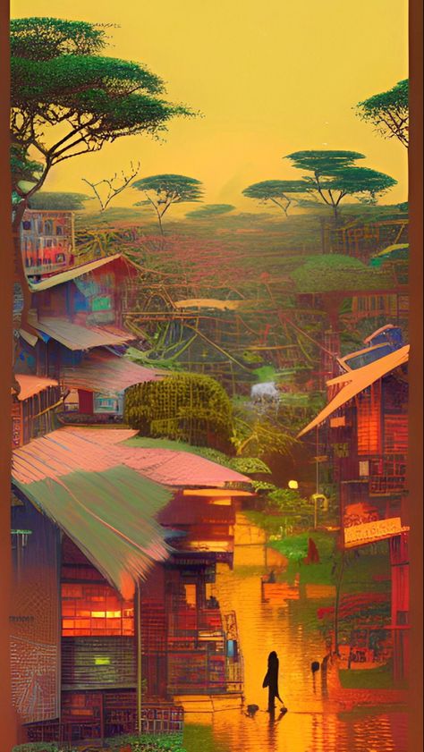 African Wallpaper Iphone, East African Aesthetic, Nigerian Paintings, African Aesthetic Wallpaper, African Art Wallpaper, African Culture Aesthetic, Environmental Collage, Afrocentric Art Wallpaper, African Landscape Painting