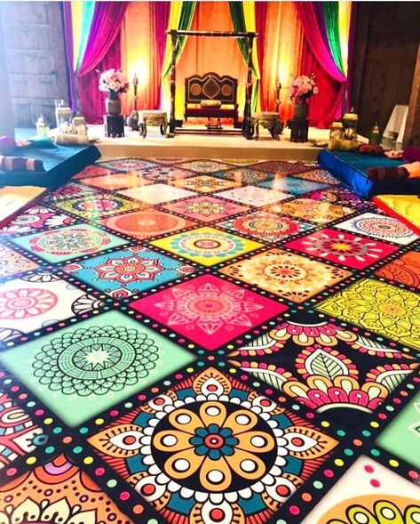 Lavish Dulhan on Instagram: “Colourful sangeet dancefloor looking georgous!! @designerdancefloors #designerdancefloors #weddinginspiration #bridalinspiration…” Colourful Sangeet Decor, Sangeet Floor Decor, Mehendi Dance Floor, Sangeet Dance Floor Outdoor, Ladies Sangeet Decoration, Mehndi Dance Floor, Sangeet Dance Floor, Sangeet Board, Haldi Stage