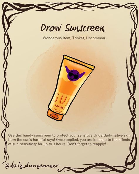 Drow Sunscreen If you enjoy my work, please consider showing your support for me on Patreon! (link in bio) • • • • • • • • • #dnd… Campaign Items, Fantasy Costco, Rpg Items, Homebrew Items, Dnd Magic, Gaming Cards, Dnd Homebrew, Dnd Stories, Dnd Items