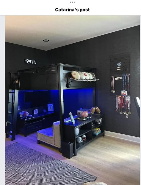 Gamer Bunk Bedroom, Loft Gaming Bed, Teen Age Boys Room Ideas, Gamer Loft Bed Ideas, Bunk Bed Game Room, Bunk Bed Gaming Room, Teen Boy Bedroom Loft Bed, Pre Teen Bedroom Ideas Boys, Loft Bed Gamer Room