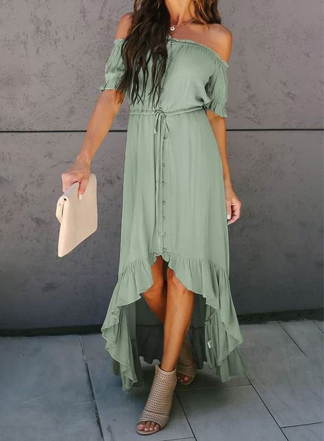 Gorgeous olive dress with off-shoulder and button detailings as well as a sinching to the waist for that extra glam! Off The Shoulder Maxi Dress, Backless Midi Dress, High Low Maxi Dress, Short Sleeve Maxi Dresses, Maxi Dress Online, Wholesale Dress, Maxi Dress Green, Maxi Dress With Sleeves, Hippie Style