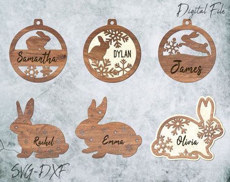 Celebrate the holidays with an adorable bunny Christmas ornament! Perfect as a memorial or festive decoration, these charming pieces will add a playful touch to your seasonal decor this year. Bunny Christmas Ornament, Laser Cut Christmas Decorations, Rabbit Memorial, Laser Cut Bunny, Laser Cut Christmas Ornaments, Rabbit Ornaments, Christmas Ornaments Svg, Memorial Svg, Rabbit Christmas