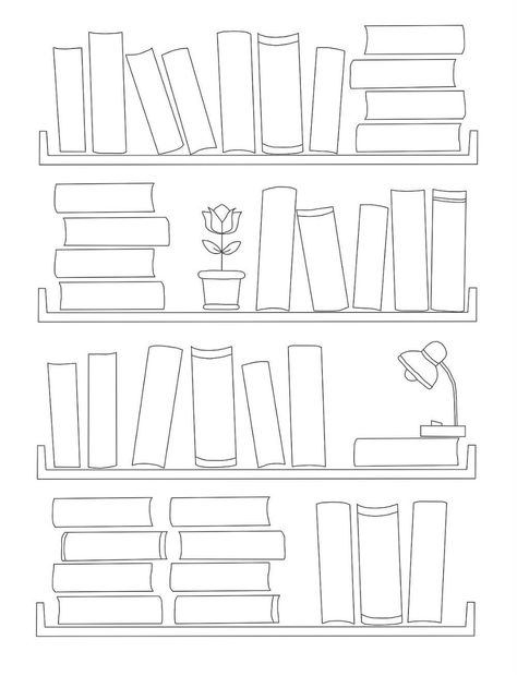 Book Sillouhette, Blank Bookshelf Printable, Book Stack Outline, Book Shelf Journal Template, Bookshelf Coloring Page, Book Journal Ideas Layout Printable, Bookshelves Drawing, Bookshelf Template, Reading Journal Printable