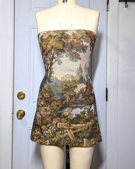 Tapestry Dress, Romantic Landscape, Floral Upholstery Fabric, Make A Dress, French Tapestry, Flowering Tree, Vintage Formal Dresses, Floral Upholstery, Needlepoint Tapestry