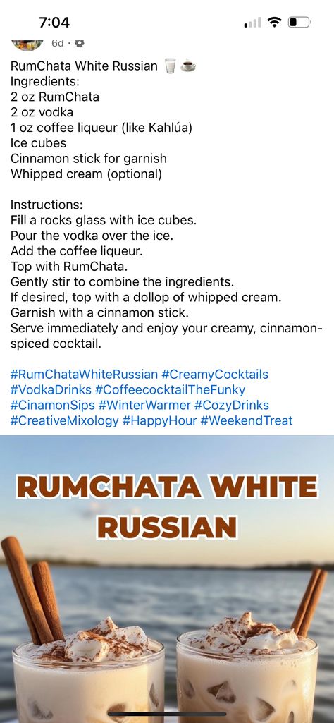 Rumchata white russian Rumchata White Russian, Rumchata Cocktails, Rumchata Drinks, Rumchata Recipes, White Russian Recipes, Spiced Cocktail, Creamy Cocktails, Cozy Drinks, Dinner Club