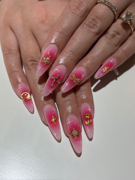 Stiletto Aura Nails, Long Almond Acrylic Nails Designs, Almond Gel X Nail Designs, Almond Nails With Charms, Dope Nails Almond, Gel X Nail Designs Almond, Charm Nail Designs, Long Almond Nails Designs, Kali Uchis Nail Ideas