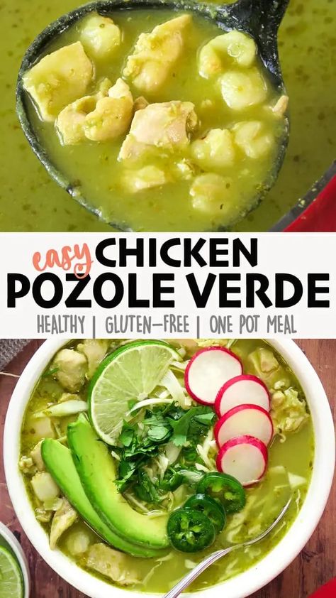 An easy simplified version of Chicken Pozole Verde (Green Pozole). A comorting healthy Mexican stew, with chunks of chicken and hominy in a green chile broth! This Pozole is made on the stove all in one pot! But, you can also make it in the Instant Pot or Crock Pot (instructions included). Click for the full detailed recipe and video! #mexicanfoodrecipes #chickenrecipe #stew #easyrecipe #glutenfreerecipes #healthyfood