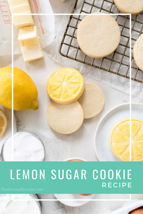 Lemon Sugar Cookie Recipe. A easy and delicious recipe that creates beautiful rolled out sugar cookies with a subtle lemon tang. Sugar Cookie Flavors, Cookie Dippers, Flavored Sugar Cookies, Cookie Flavours, Lemon Sugar Cookies Recipe, Honey Cookies Recipe, Roll Out Cookies, Lemon Sugar Cookie, Sugar Cookie Decorating Ideas