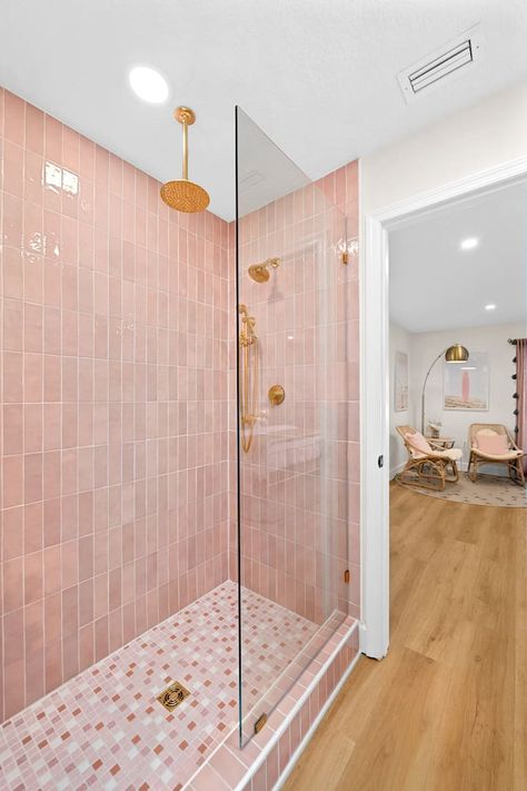 Luxury Villa, 2.5 Blocks from the Beach, Hot Tub, Outdoor Oasis - Villas for Rent in Cape Canaveral, Florida, United States - Airbnb Pink Beach House, Pink Tile Bathroom, Retro Coastal, Pink Tile, Girly Bathroom, Pink Showers, Barbie Inspired, Cape Canaveral, Bathroom Tile Designs