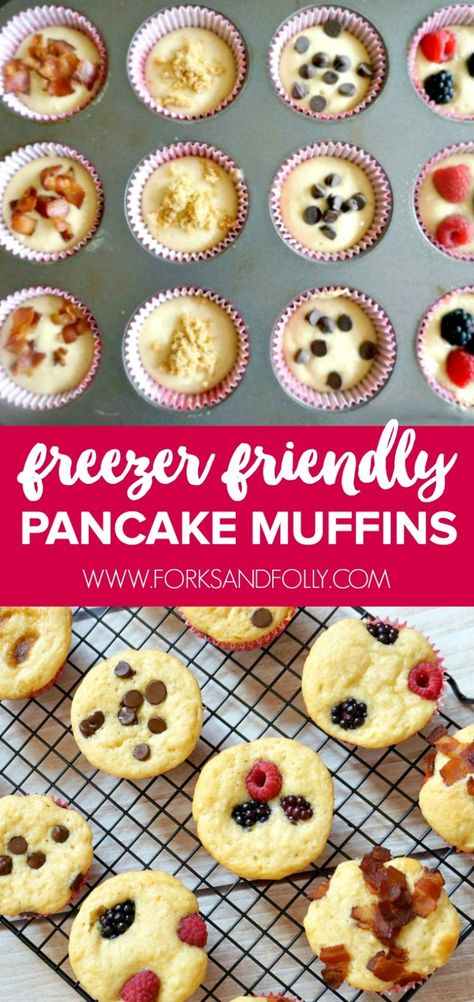 Make Ahead Pancake Muffins, Freezer Mini Pancakes, Freezer Breakfast Pastries, Premade Freezer Breakfast, Freezer Friendly Muffins, Freezer Pancake Muffins, Freezer Mini Muffins, Freezer Breakfast Muffins, Freezable Pancakes