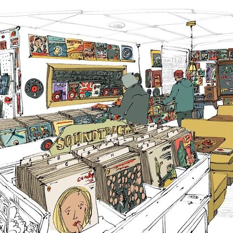 Record Shop Illustration, Record Store Painting, Retro Store Design, Music Shop Design, Art Store Aesthetic, Comic Artist Aesthetic, Store Concept Art, Music Store Design, Record Store Aesthetic