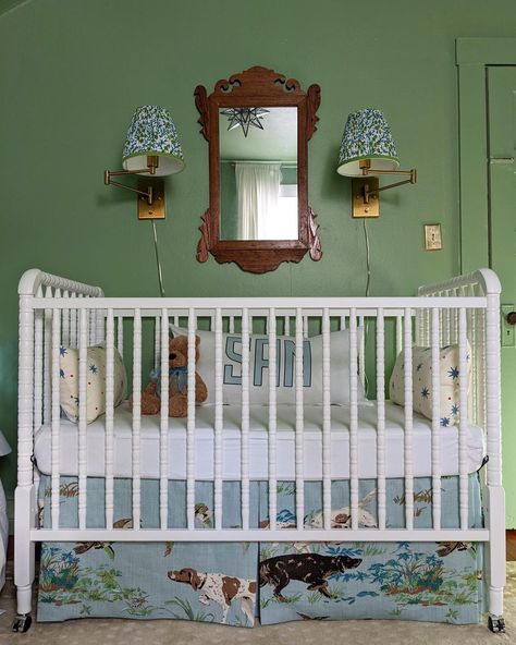 https://www.instagram.com/p/CfUGhVJs-sA/?igshid=MDJmNzVkMjY= Dr Suess Nursery, Bambi Nursery, Eclectic Nursery, Blue Nursery Boy, Blue Crib, Custom Crib, Green Nursery, Bedroom Bliss, Crib Skirt