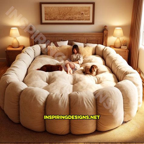 Dogs In Bedroom, Giant Round Bed, Human Sized Dog Bed, Human Pet Bed, Lazy Sofa Bedroom, Indestructible Dog Bed, Dogs Beds Ideas, Dog Bed Next To Human Bed, Dog Kennel Under Bed