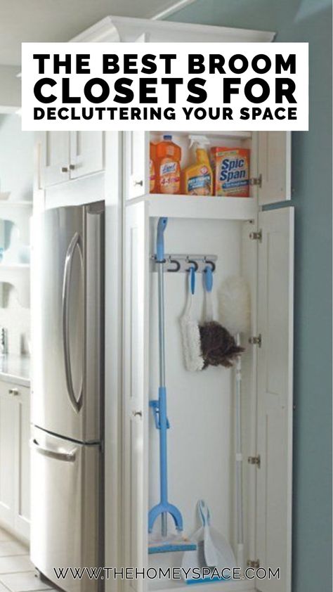 Door Broom Storage, Refrigerator Broom Closet, Broom Mop Storage, Broom Closet Next To Refrigerator, Small Broom Closet Ideas, Ikea Broom Closet Hack, Broom Storage Ideas, Mop And Broom Storage Ideas, Broom Closet Ideas