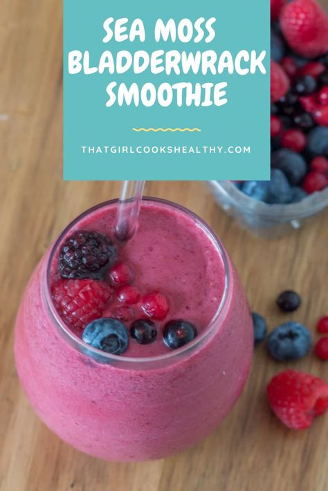 Sea Moss Bladderwrack Smoothie garnished with berries on a wooden background. Purple Sea Moss Recipes, Sea Moss Drink Recipes, Sea Moss Smoothie Recipes, Seamoss Smoothie Recipes, Seamoss Recipes, Vegetable Fruit Smoothie Recipes, Sea Moss Smoothie, Sea Moss Benefits, Recovery After Surgery