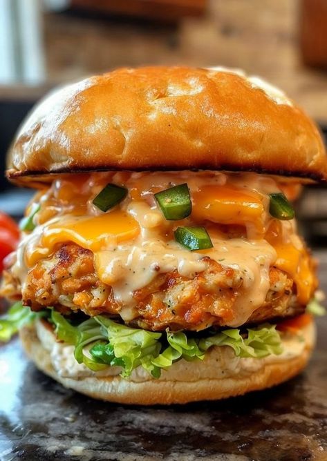 Savor the Ultimate Cheddar Ranch Chicken Burger! Juicy chicken patty topped with cheddar & zesty ranch in every bite. Perfect for burger lovers. 🍔 #ChickenBurger #CheddarRanch #BurgerLovers #DeliciousEats Chicken Schnitzel Burger, Cheddar Ranch Chicken Burgers, Easy Chicken Burger Recipe, Cheddar Ranch Chicken, Chicken Burger Recipe, Sandwiches Chicken, Chicken Patty, Beef Sandwich Recipes, Zesty Ranch