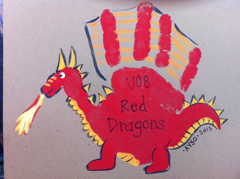 Handprint dragon. Dragon Craft For Toddlers, Dragon Handprint Craft, Dragon Toddler Craft, Handprint Dragon, Dragon Footprint, Dragon Crafts Preschool, Fairy Tale Crafts, St David, Dragon Birthday Parties