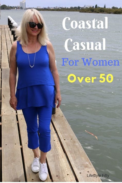 Weekend Wear, Coastal Style, blue outfit for women over 50.#everydaystyle #OOTD #whatiwore #casualstyle Resort Casual Attire Women, Beach Attire For Women, Women Beach Outfits, Beach Outfit For Women, Coastal Casual, Coast Fashion, 60 Outfits, Coastal Fashion, Fall Fashion Skirts