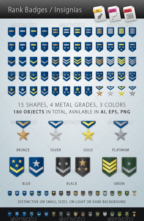 Rank Badges Insignias. Fully customisable set of icons. #icon #design #art #digitalArt #army #badge #black #blue #bronze #forces #game #gold #golden #green #grey #insignia #medals #military #platinum #ranks #ratings #realistic #silver #trophies #VectorIcon Sci Fi Military, Biotechnology Art, Realistic Photos, Military Ranks, Military Medals, Star Wars Empire, Golden Green, Game Ui Design, Best Icons