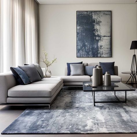 7+ Grey and Blue Living Room Ideas That Embrace Color and Texture • 333+ Images • [ArtFacade] Bright Grey Living Room, Grey Color Interior, Light Blue Walls Living Room Gray Couch, Grey Carpets For Living Room, Grey Sofa Wall Art, Slate Blue Interior Design, Blue Black And Grey Living Room, Light Blue Carpet Living Room, Navy Blue And Beige Living Room Decor