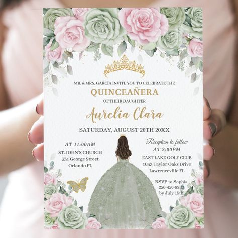 Chic Sage Green Baby Pink Floral Gold Quinceañera Invitation - tap/click to get yours right now! #Invitation #elegant #stylish #sweet #girly #invitation, Invitations Quinceanera, Quinceañera Invitation, Lollipop Party, Pink Quince, Quince Invitations, Quince Decorations, Sage Green Dress, Quinceanera Themes, Invitations Diy