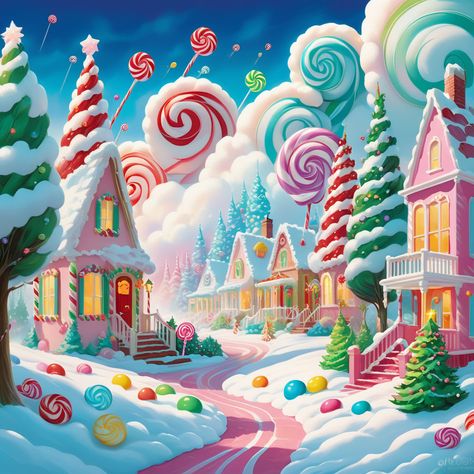 Christmas Theme Candyland, Candy Kingdom, Candy City Drawing, Candy Land Aesthetic, Candyland Art, Candyland Christmas Art, Candyland Illustration, Candy Fantasy Land, Candy Land Illustration