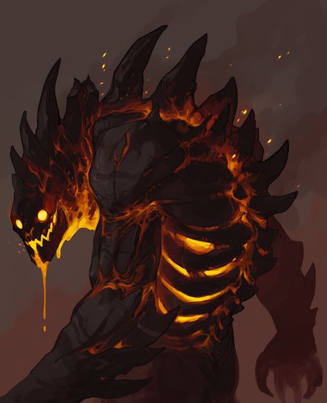 Large Monster Art, Carbon Claws, Golem Rpg, Lava Demon, Lava Golem, Cool Monsters, Fantasy Beasts, 다크 판타지, Monster Concept Art