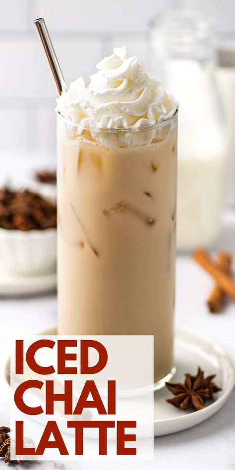 This quick and refreshing iced chai tea latte can be made with just 4 ingredients in about 5 minutes. Chai Tea Frappe, Chi Tea Latte Iced Starbucks, Cold Beverages Recipes, Iced Chia Recipe, How To Make A Iced Chai Tea Latte, Iced English Tea Latte, Iced Vanilla Chai Tea Latte Recipe, Chi Tea Latte Iced Starbucks Order, How To Make Chia Tea Latte