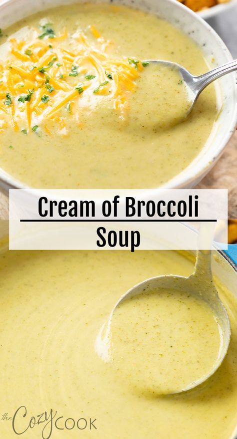 creamy broccoli soup in a bowl with a silver spoon and shredded cheese Pure Soup Recipes, Creamed Broccoli Soup, Creme Of Broccoli Soup Recipes, Best Brothy Soups, Side Dish Soups, Soup Liquid Diet, How To Make Cream Of Broccoli Soup, Creamy Pureed Soup Recipes, Creamy Soups Without Cream