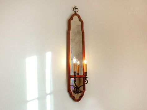 French Mirror with Sconce Gothic Art Nouveau Wood & Brass Lighting Whimsical Entryway, Mirror With Candles, Hobbit House Decor, Cece Core, Gothic Art Nouveau, Art Nouveau Bedroom, Art Nouveau Home, Art Nouveau Lighting, Long Mirror