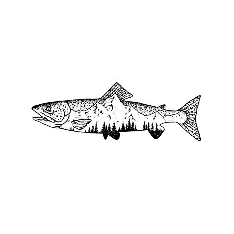 Bass Tattoos For Men, Mountain Fishing Tattoo, Fish Lure Tattoo, Rainbow Trout Tattoo Black And White, Fishing Inspired Tattoos, Fishing Tattoo Stencil, Muskie Tattoo, Pnw Drawings, Trout Tattoo Women