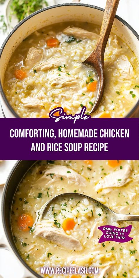 Savor the flavors of our Comforting, Homemade Chicken and Rice Soup Recipe! This nourishing soup combines tender chicken, hearty rice, and colorful veggies in a rich broth. Ideal for family dinners or lunch, it’s a delicious way to enjoy a comforting meal. Simple, satisfying, and full of goodness! Homemade Chicken And Rice Soup, Homemade Chicken And Rice, Chicken Broth Recipes Soup, Chicken Broth Soup, Easy Homemade Soups, Chicken Soup Recipes Homemade, Chicken Soup Recipes Easy, Easy Chicken Soup, Chicken Broth Recipes