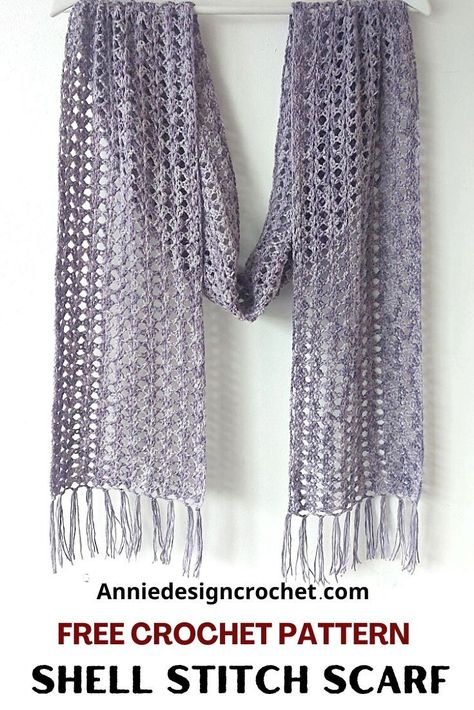 Shell Stitch Scarf, Crochet Lacy Scarf, Prayer Shawl Crochet Pattern, Crochet Lace Scarf, Crochet Scarf Easy, Lacy Scarf, One Skein Crochet, Crocheted Scarf, Crochet Shell Stitch