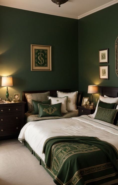 Slytherin Room Aesthetic, Slytherin Bedroom Aesthetic, Slytherin Aesthetic Bedroom, Palang Design, Slytherin Bedroom, Slytherin Decor, Hogwarts Bedroom, Slytherin Room, Harry Potter Room Decor