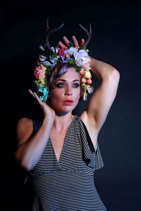 Image of Actress Tonya Kay wearing Jessica louise Flutter sleeve dress and hand cast glitter antler flower crown. #antercrown #antlerfloral #antlers #resincasting #hotsauce Antler Crown, Antler Flower, Goddess Of The Hunt, Floral Antlers, Mixed Flowers, Photography Los Angeles, Hair Wreaths, Vintage Millinery, Dark Moon