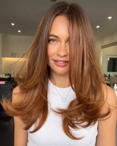 Brunette With Orange Balayage, Tan With Copper Hair, Mai Pham Hair, Fall 2023 Haircut, Dark Roots Auburn Hair Balayage, Hayley Kalil Hair, Copper Dark Blonde Hair, Brown Hair To Red Hair Before And After, Auburn Highlights Brown Hair